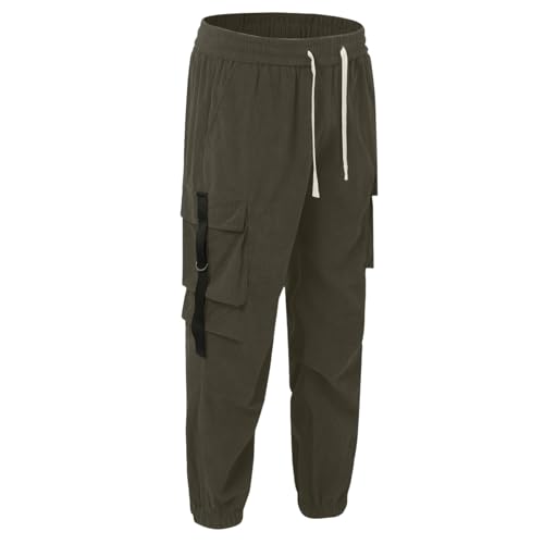 Corduroy Cargo Pants Mens Casual Drawstring Elastic Waist Tapered Pants Loose Fit Lightweight Joggers Trousers with Pockets