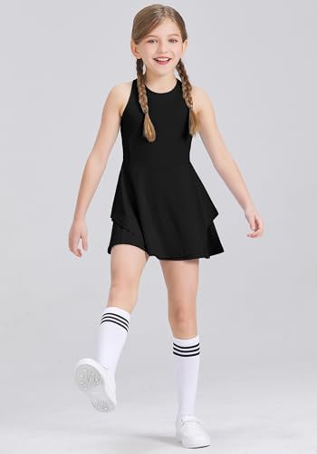 Handfrog Kids Girls Tennis Golf Dress Outfit Sleeveless Dress with Shorts Pockets 2 Piece Sport Athletic Sets