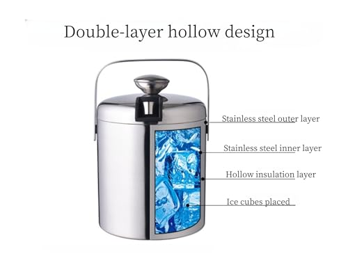 Insulated Ice Bucket with Lid and Scoop & Tong, Double Wall 304 Stainless Steel Ice Bucket for Freezer, Built-in Strainer ...