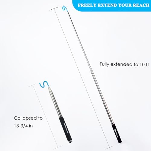 Moonlike Telescoping Pickup Tool Magnetic Pole with Hook, 10 ft Telescopic Grabber Hook Pole Wire Reacher Tool, Push Pull Rod