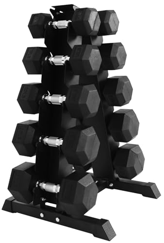 BalanceFrom Rubber Coated Hex Dumbbell Set with A-Frame Rack, Black – Solid Cast Iron Home Gym Weights with Chrome Handles...