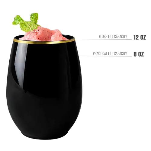 Black Stemless Plastic Wine Glasses With Gold Rim Design (12 Oz.) - Pack Of 16 - Disposable & Chic, Perfect For Parties, W...