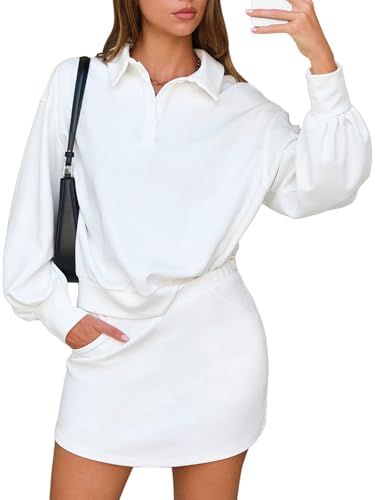 EXLURA Womens 2 Piece Sets Polo Sweatshirt Skort Set Airport Long Sleeve Matching Workout Sets Tennis Travel Spring Outfits