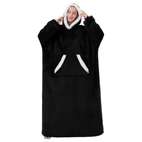 Sioloc Wearable Blanket Hoodie for Women/Kids/Men, Oversized & Cozy Sherpa Lined Hoodie Sweatshirt Blanket(Black,Oversized)