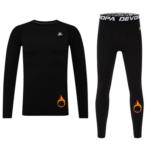 DEVOROPA Youth Boys Fleece Lined Compression Shirts & Pants Kids Girls Thermal Underwear Set Athletic Tops Leggings Baselayer