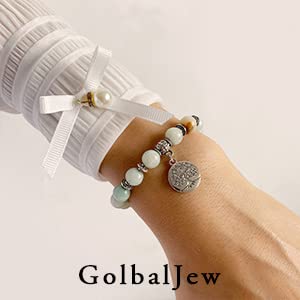 GolbalJew Healing Bracelet For Women Anxiety Amazonite Beaded Bracelets Jewelry Healing Stone Tree of Life Pendant Bracelet Stre