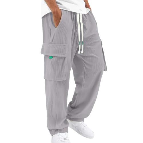 Corduroy Cargo Pants for Men Casual Straight Leg Jogger Athletic Pants 2026 Winter Warm Solid Loose Fit Lightweight Trousers