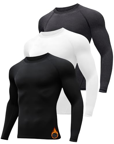 HovSiyla 3 Pack Men's Thermal Underwear Shirts Compression Fleece Lined Long Sleeve Athletic Base Layer Cold Weather