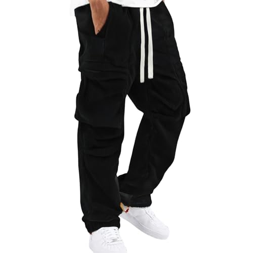 Men Corduroy Cargo Pants 2026 Winter Warm Drawstring Elastic Waist Pants Casual Trendy Solid Regular Fit Lightweight Trousers