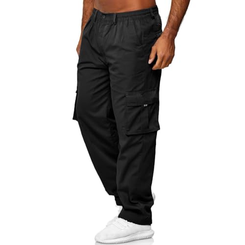 Men Baggy Cargo Pants Button Elastic Waisted Comfort Joggers Pants Workout Straight Leg Lightweight Athletic Hiking Trousers