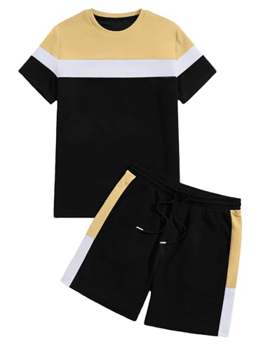 Babioboa Men's Short Sleeve Colorblock T Shirt & Shorts Sweatsuit Set Summer 2 Piece Outfits Casual Athletic Sports Tracksuit