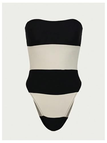 WDIRARA Women's One Piece Color Block Strapless Swimsuit High Cut Bandeau Bathing Suit