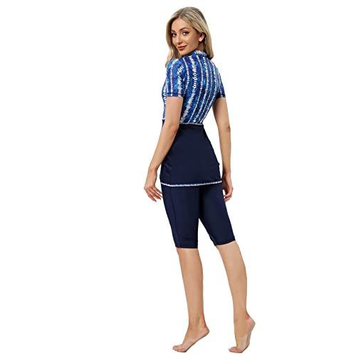 Women Burkini Swimsuits Modest Muslim Swimwear Islamic Short Sleeve Full Cover Hijab Top Swim Capris Pants Set