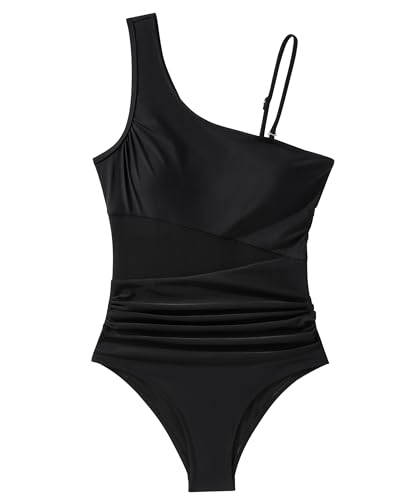 SUUKSESS Women Mesh One Shoulder One Piece Swimsuit Tummy Control Bathing Suit