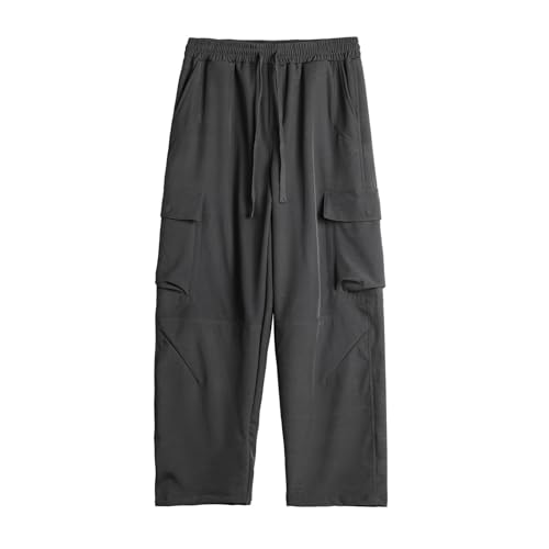 Wide Leg Cargo Pants for Men High Elastic Waist Casual Comfortable Pants Drawstring Lightweight Cotton Trousers with Pockets