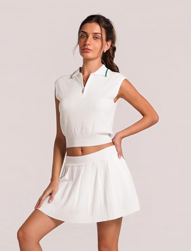 ABOCIW Women Tennis Skirt Set Knit Half Zip Tank Top Tennis Skirt with Shorts 2 Piece Athletic Workout Golf Outfits