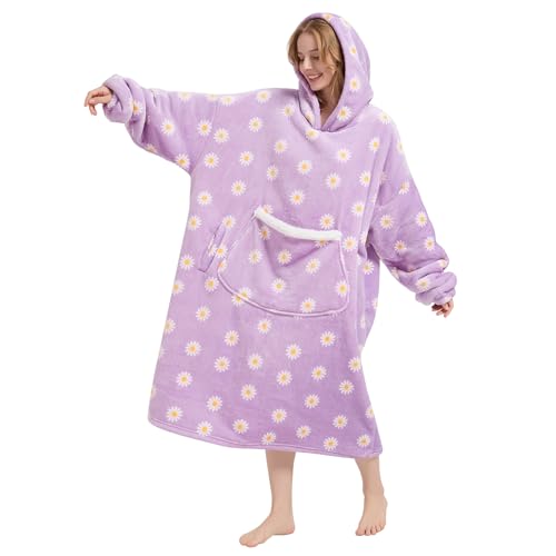 Wearable Blanket Gift for Women & Men Sherpa Flannel Blanket Hoodie Long Warm and Cozy Blanket with Giant Pocket，Daisy