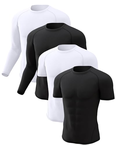 CL convallaria 4 Pack Compression Shirts Men Long Short Sleeve Cooling Dry Rash Guard Athletic Workout T Shirt for Sports