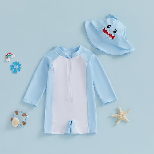 Baby Boy Rash Guard Swimsuit Color Block Long Sleeve Zipper One Piece Swimwear Toddler Bathing Suit ＋ Shark Sun Cap