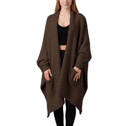 Yioaga Wearable Blanket Poncho Fuzzy Sherpa Fleece Shawl TV Throw Plush Cape Wrap Cozy Loungewear with Pockets for Adults