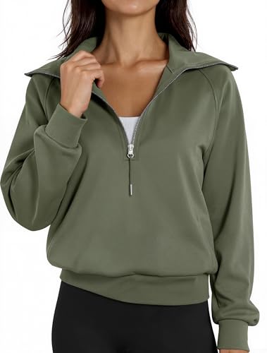 Women's Cropped Half Zip Pullover Quarter Zipper Long Sleeve Sweatshirt for Casual Wear