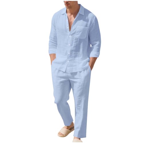Cambkatl Men's Linen Beach Travel Outfits Long Sleeve Casual Button Down Shirt Matching 2 Piece Tracksuit Sets with Pockets