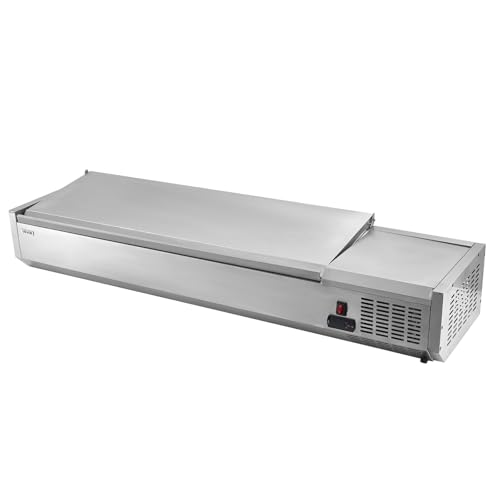 VEVOR Refrigerated Condiment Prep Station, 130 W Countertop Refrigerated Condiment Station, with Four 1/3 Pans & Four 1/6 Pans, 304 Stainless Body and PC Lid, Sandwich Prep Table with Stainless Guard