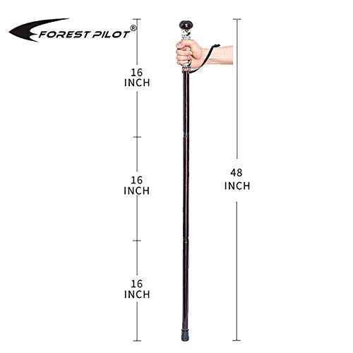 FOREST PILOT 3pc Detachable Hardwood Walking Stick for Hiking with Compass 48 Inches - Soft Hand Strap - Rubber Tip Cover