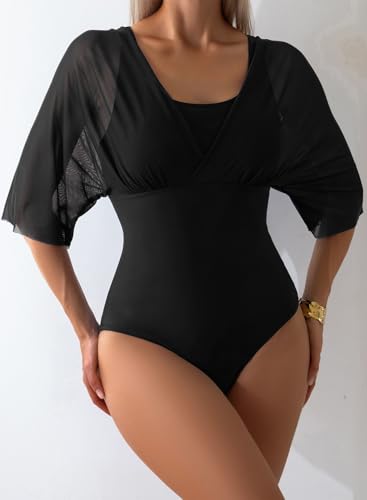 Aleumdr Women's One Piece Swimsuit Modest Tummy Control Bathing Suit V Neck Mesh Sleeve Slimming Swimwear Beachwear