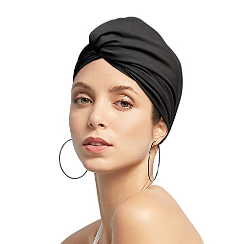 Women Swim Cap Elastic Swim Turban Cap Cover Ear Bath Pool Swimming Cap Pleated Shower Cap for Long Short Weave Curls Hair