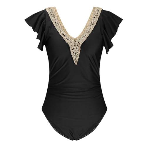 One Piece Swimsuit Women Tummy Control Ruffle Cap Sleeve Lace Deep V Neck Bathing Suit Slimming Modest Retro Swimwear