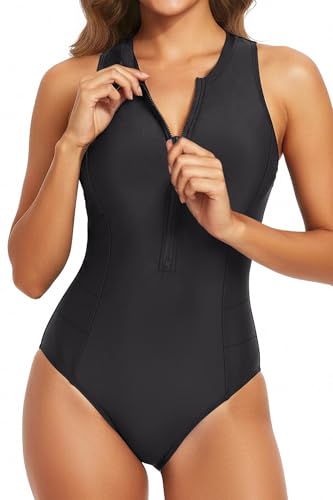 Tempt Me Women Athletic One Piece Swimsuit Zipper High Neck Bathing Suit Racerback Swimwear
