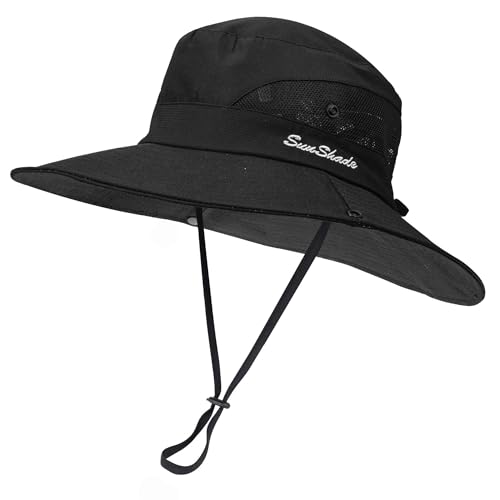 Women's Outdoor UV-Protection-Foldable Sun-Hats Mesh Wide-Brim Beach Fishing Hat with Ponytail-Hole