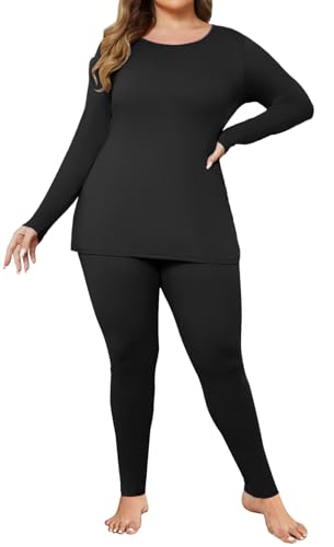 Ekouaer Women Plus Size Thermal Underwear Set Soft Long Johns Sets Light Fleece Lined Base Layer Top & Bottom Pajama Set
