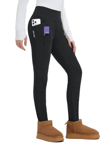 baleaf Thick Leggings for Women Water Resistant Snow Pants Fleece Lined Leggings Winter Ski Hiking Pants with Zip Pockets