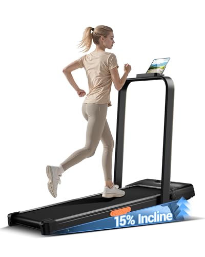 CURSOR FITNESS 15% Incline Walking Pad Treadmill with Handle Bar - 0.6-6.2MPH Quiet Foldable Treadmill for Home Office Und...