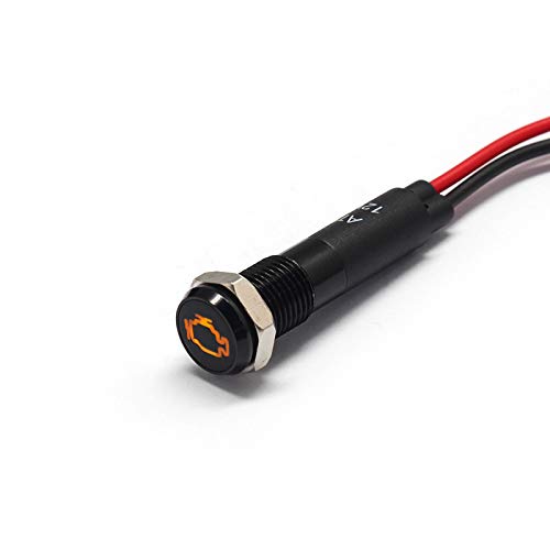 Alpinetech PLB8MS LED Metal Signal Indicator Pilot Dash Light, 8mm, Black Bezel, Check Engine Symbol