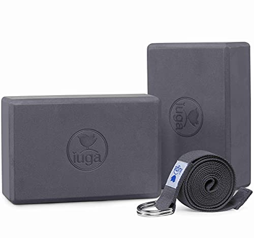 IUGA Yoga Blocks 2 Pack With Strap Non Slip High Density 9"x6"x3" Solid & Cork Yoga Block With Yoga Strap to Improve Stren...