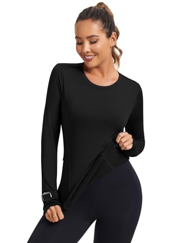 Loovoo Thermal Shirts for Women Long Sleeve Workout Tops Crewneck Fleece Base Layer Running Athletic Tee with Zipper Pocket