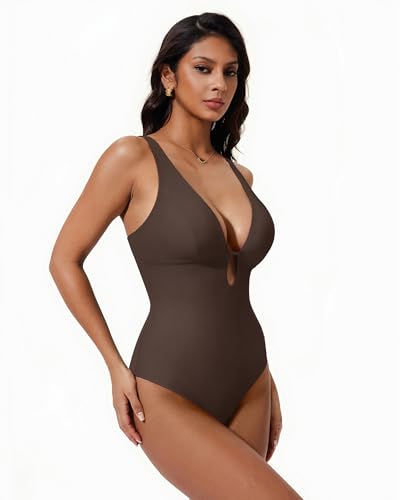 SUUKSESS Women One Piece Tummy Control Swimsuit Deep V Neck Cutout Bathing Suit