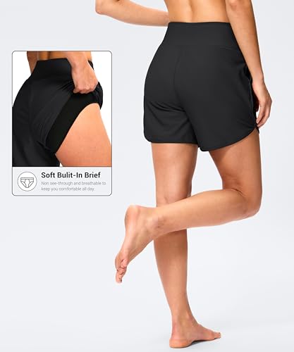 G Gradual Women's 5" Swim Board Shorts High Waisted Quick Dry Swimming Bathing Suit Bottoms for Women with Liner Pockets