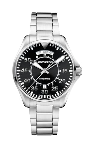 Hamilton Khaki Aviation Automatic Men's Watch, 42mm Stainless Steel Case, Swiss Made, Black Dial Analog Wrist Watch for Me...