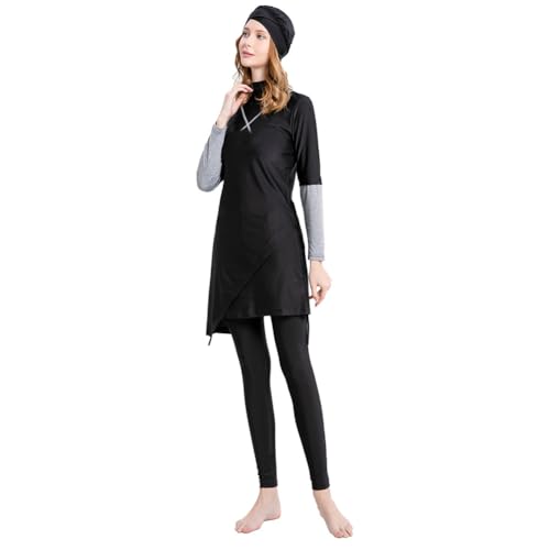Women's Muslim Swimwear Long Sleeve Burkini Full Cover Swimsuit Hijab Rash Guard, 3pcs Set