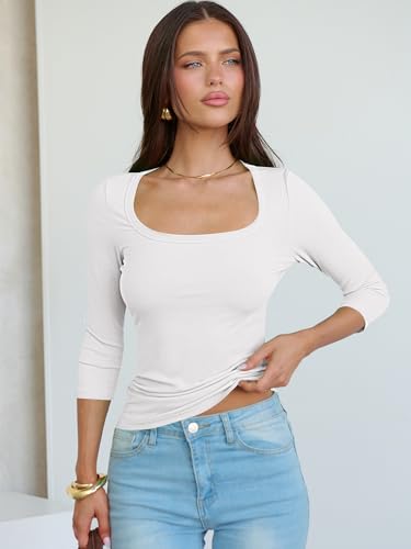 ANRABESS Womens 3/4 Sleeve Scoop Neck Tops Ribbed Knit Slim Fitted Casual Basic Tee Shirts 2025 Fall Trendy Going Out T-Shirt