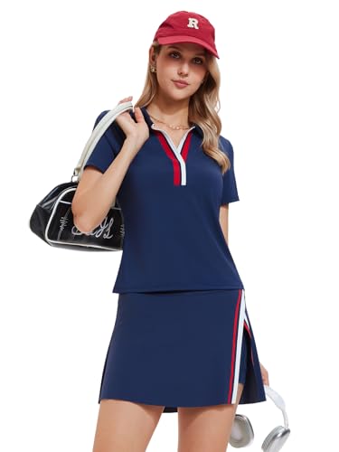 Women’s 2 Piece Tennis Skirt Set Colorblock V Neck Polo & High Waisted Side Slit Skort Athletic Outfit for Pickleball Golf