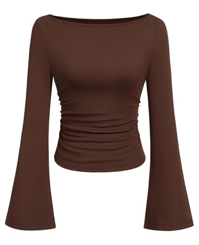 TITOMD Women's Bell Long Sleeve Shirts 2026 Spring Boat Neck Crop Going Out Trendy Tops Ribbed Ruched Y2K Clothes