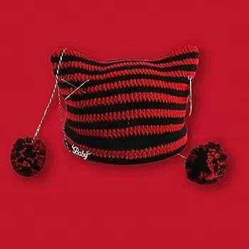 Y2k Beanies Crochet Knitted Cat Hats Goth Cross Devil Hat Striped Alt Emo Accessories Grunge Y2k Aesthetic Clothes (Red,One Size)