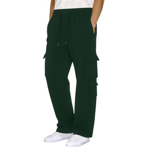 Mens Fleece Lined Cargo Pants 2026 Winter Warm Elastic Waist Cargo Pants Plus Size Solid Color Cotton Workout Hiking Trousers