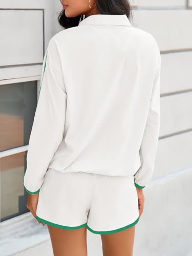 Fisoew Womens 2 Piece Outfits Sets Zip V Neck Long Sleeve Pullover Tops Shorts Casual Tennis Running Tracksuits