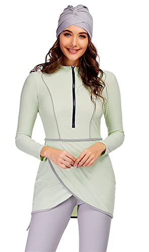 HOKFDC Women Full Covered Swimwear Modest Muslim Swimsuits 3 Pieces Islamic Long Sleeve Burkini with Swimming Cap